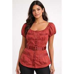 Bebe Rust Red Belted Peplum Corset Style Puff Sleeve Y2K Fitted Blouse M